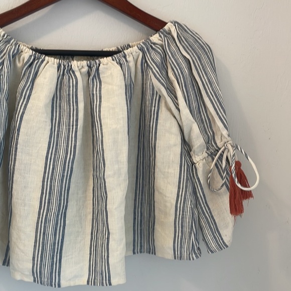 Anthropologie Tularosa Off Shoulder Linen Tassel Blouse Top Womens Small Blue - Picture 4 of 9